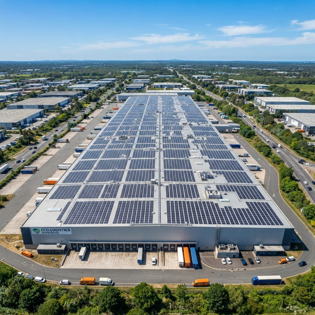 Large commercial rooftop covered with rows of solar panels