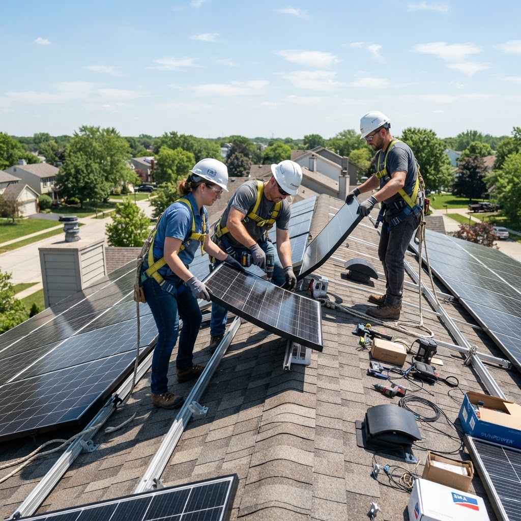 Technicians installing solar panels on a rooftop