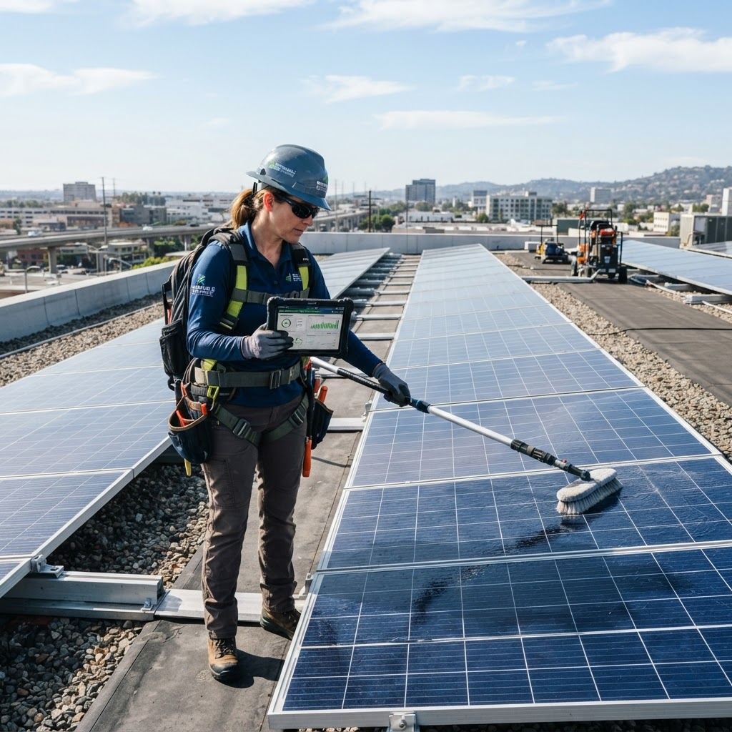 Technician inspecting solar panels with a tablet