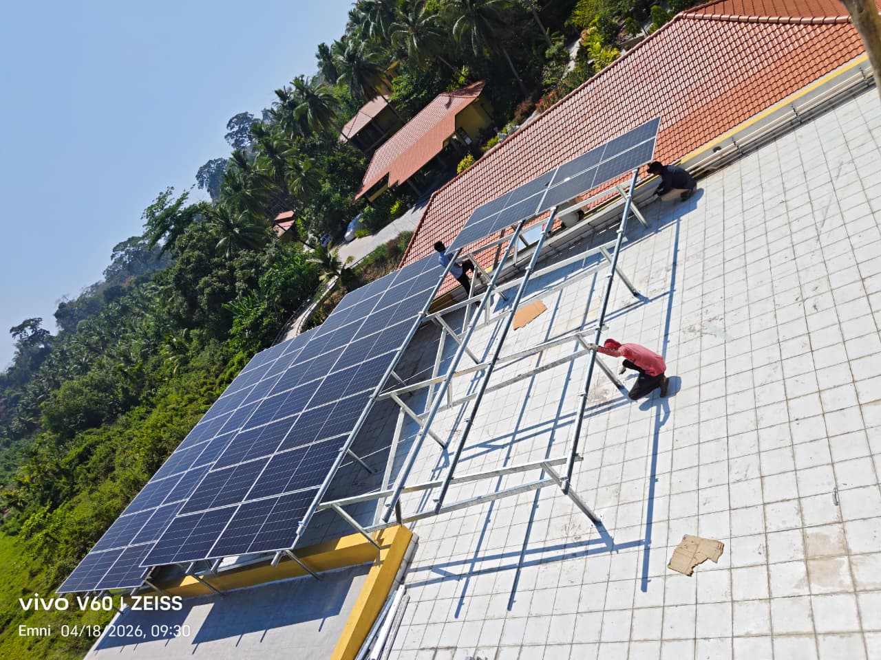 Ecosolis technicians building the mounting structure for a solar panel installation in Andaman